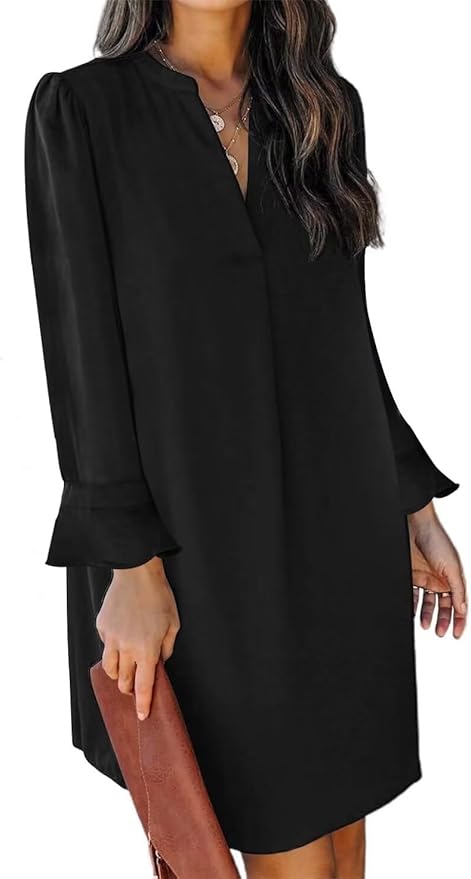 Dresses for Women 2025 V Neck Spring Summer Ruffle Long Sleeve Simple Casual Loose Flowy Autumn Winter Shift Dress
