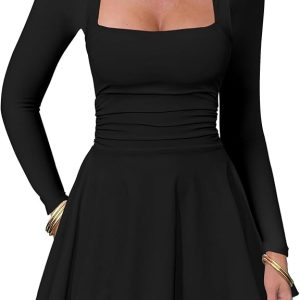 Kaximil Women's Square Neck Ruffle Hem Mini Dress Ruched Waist Long Sleeve Corset Short Party Dresses