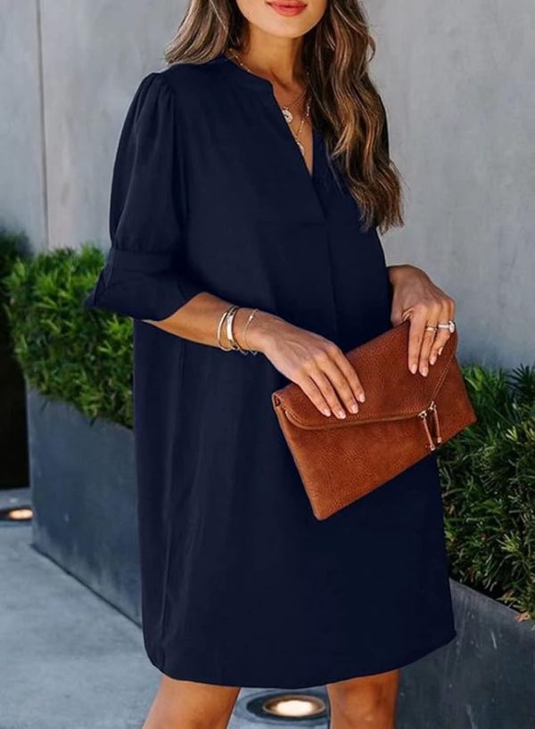 Wkior Shift Dress for Women V Neck Short Sleeves Solid Color Casual Flowy Summer Dresses(S-2XL)