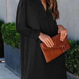 Dresses for Women 2025 V Neck Spring Summer Ruffle Long Sleeve Simple Casual Loose Flowy Autumn Winter Shift Dress