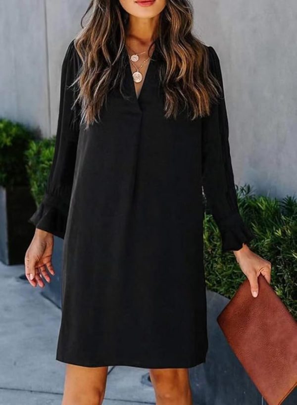 Dresses for Women 2025 V Neck Spring Summer Ruffle Long Sleeve Simple Casual Loose Flowy Autumn Winter Shift Dress
