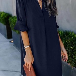 Wkior Shift Dress for Women V Neck Short Sleeves Solid Color Casual Flowy Summer Dresses(S-2XL)