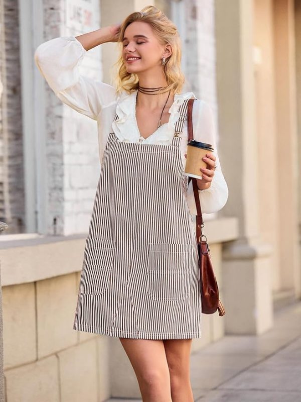 Yousify Womens Casual Striped Denim Dress Summer Pinafore Overalls Romper Adjustable Straps Jumper Dress with Pockets