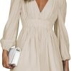 Mini Dress Deep V Sexy Dress Long Sleeve Dress for Women A-line High Waisted Casual Flowy Dress