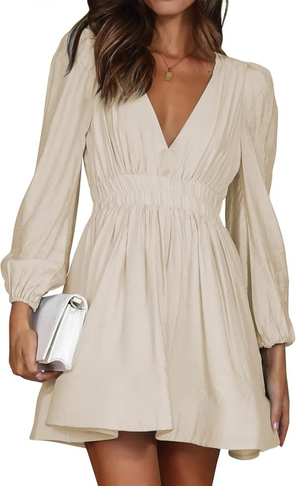 Mini Dress Deep V Sexy Dress Long Sleeve Dress for Women A-line High Waisted Casual Flowy Dress