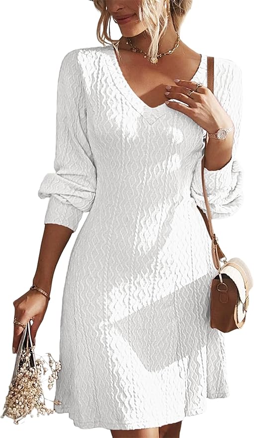 Nmoder Sweater Dress for Women V Neck Long Sleeve Casual Mini Dress A-Line Knit Fall Dresses 2024 Trendy