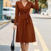 Newshows Womens 2024 Fall Sweater Dress Long Sleeve Business Casual Outfits V Neck Ribbed Knit Belt Trendy with Pockets