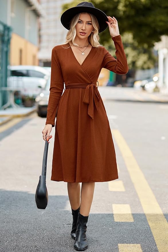 Newshows Womens 2024 Fall Sweater Dress Long Sleeve Business Casual Outfits V Neck Ribbed Knit Belt Trendy with Pockets