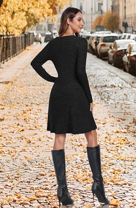 MOLERANI Women V Neck Long Sleeve Fall Dresses 2024 Knee Length Knit Casual Sweater Dress Button A Line Flowy Dresses