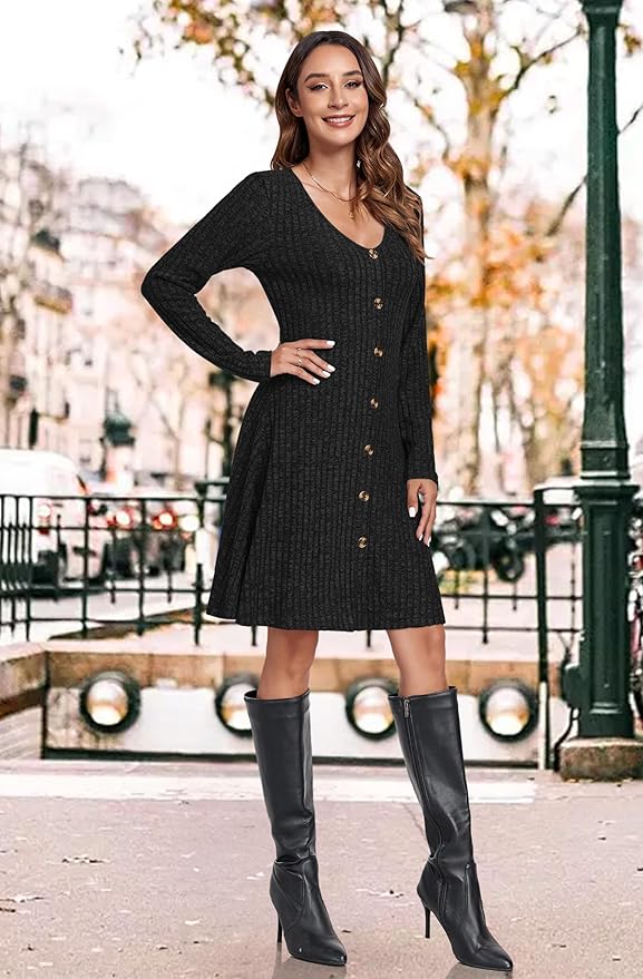 MOLERANI Women V Neck Long Sleeve Fall Dresses 2024 Knee Length Knit Casual Sweater Dress Button A Line Flowy Dresses
