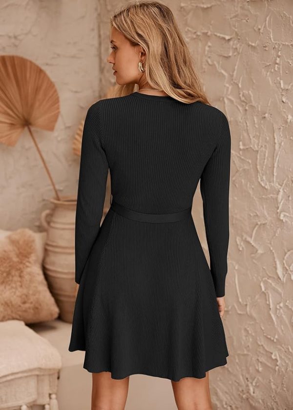 HOTOUCH Women's Fall Winter Casual Dress Crewneck Long Sleeve A-Line Sweater Dress Bodycon Ribbed Knit Dress with Belt