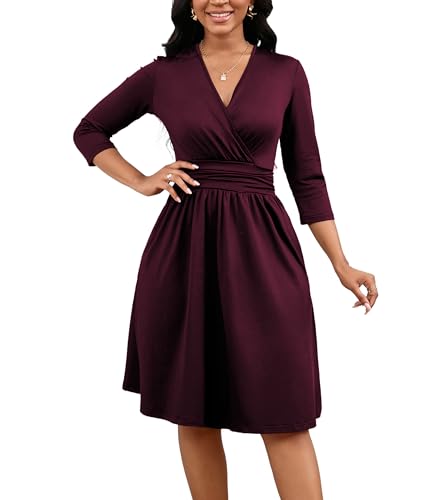 Women's Casual 3/4 Sleeve V-Neck A-Line Dress Cocktail Church Flare Swing Semi Formal Midi Fall Dresses with Pockets