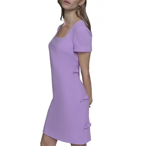 Womens Short Sleeve Square Neck Bow Embellished Shift Mini Dress