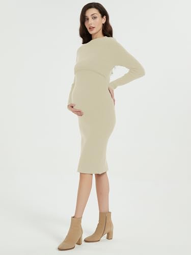 Women's Fall Winter Rib Knit Maternity Dress Slim Fitted Long Sleeve Pregnancy Sweater Fashion Crew Neck Top