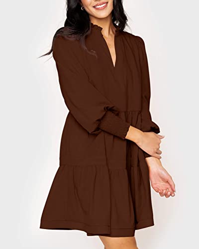 Womens Fall Long Sleeve Tunic Dress Casual V Neck Loose Ruffle Tiered Dress