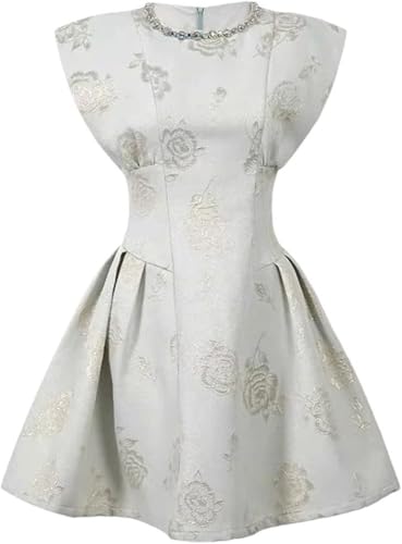 Women's Sparkly Floral Print Evening Dress Sleeveless O-Neck Slim A-Line Party Birthday Mini Dresses
