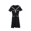Women Summer Knitted Short Sleeve Striped Turn Down Collar White Mini Sweater Dress