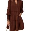 Womens Fall Long Sleeve Tunic Dress Casual V Neck Loose Ruffle Tiered Dress