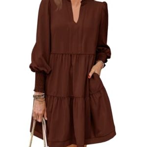 Womens Fall Long Sleeve Tunic Dress Casual V Neck Loose Ruffle Tiered Dress