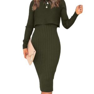 Women's Long Sleeve Sweater Dresses 2 Piece Outfits Sets Ribbed Knit Crop Tops and Tank Bodycon Midi Dress