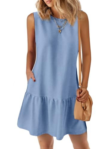 Casual Short Summer Dresses for Women 2025 Sleeveless Crewneck Cute Ruffle Loose Vacation Mini Tshirt Dress