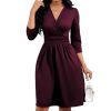 Women's Casual 3/4 Sleeve V-Neck A-Line Dress Cocktail Church Flare Swing Semi Formal Midi Fall Dresses with Pockets