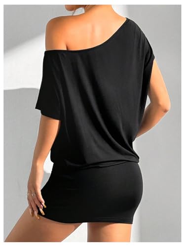 Women's Off The Shoulder Mini Dress Asymmetrical Neck Short Sleeve Casual Bodycon T Shirt Dresses
