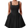 Women's Summer Sleeveless Square Neck A-line Ruffle Hem Mini Tank Dress with Pockets