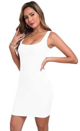 Summer Dresses for Women Sexy Mini Dress Ribbed Knit Fitted Square Neck Bodycon Party Club Tank Dresses