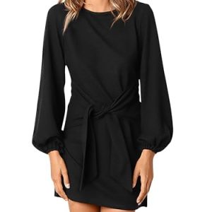 Womens Fall Elegant Long Lantern Sleeve Short Dress Wedding Guest Crewneck Tie Waist Knit Cocktail Dresses