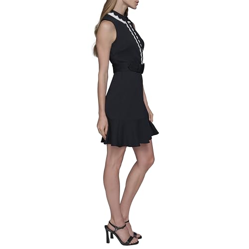 Women's Belted Sleeveless Scallop Trim Collared A-line Mini Dress