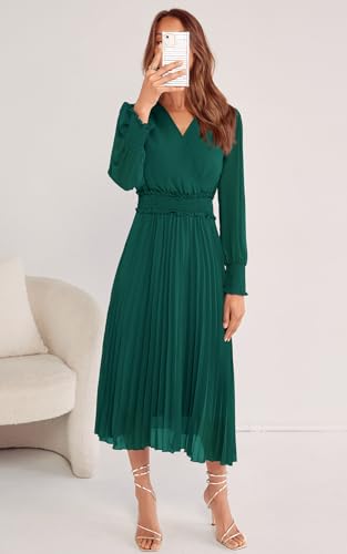 Womens Wrap V Neck Fall Dresses Wedding Guest Casual Pleated Long Sleeve Midi Dress Ruffle Smocked Long Dress