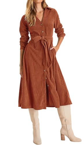 Womens Fall Winter Corduroy Midi Dress Long Sleeve V Neck Button Down Belted Flowy Shirt Dress with Pockets