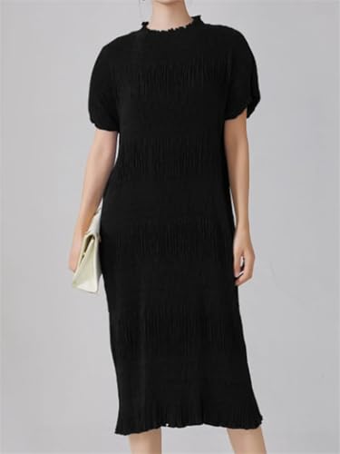 Women's Summer Folds Mini Dress - Round Neck Short Sleeve High Waist Designer Dress