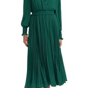 Womens Wrap V Neck Fall Dresses Wedding Guest Casual Pleated Long Sleeve Midi Dress Ruffle Smocked Long Dress