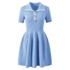 Women Summer Short Sleeve Blue Turn Down Collar Mini Daily Knitted Sweater Dress