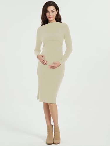 Women's Fall Winter Rib Knit Maternity Dress Slim Fitted Long Sleeve Pregnancy Sweater Fashion Crew Neck Top