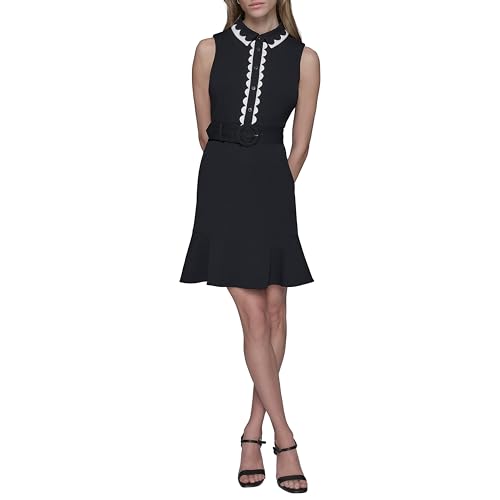 Women's Belted Sleeveless Scallop Trim Collared A-line Mini Dress