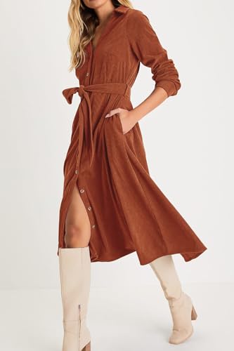 Womens Fall Winter Corduroy Midi Dress Long Sleeve V Neck Button Down Belted Flowy Shirt Dress with Pockets
