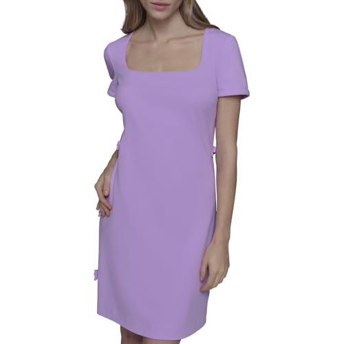 Womens Short Sleeve Square Neck Bow Embellished Shift Mini Dress