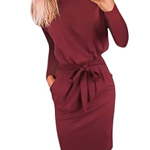 Women's Fall Bodycon Party Dress Casual Long Sleeve Tie Waist Fitted Sheath Pencil Dresses with Pockets