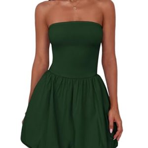 Womens Strapless Bubble Mini Dress Summer Tube Top Sundress Casual Off Shoulder A Line Party Short Dresses Vacation