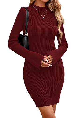 Fall Dresses for Women 2025 Ribbed Knit Bodycon Dress Mock Neck Bell Long Sleeve Pullover Sweater Winter Mini Dresses