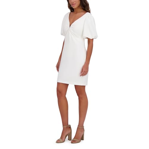 Women's Short Puff Sleeve Ruched V-Neck Shift Mini Dress