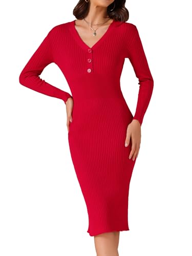 Women's Sweater Dress Ribbed Knit V Neck Long Sleeve Bodycon Slim Fitted Elegant Fall Midi Dress