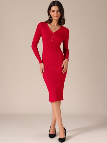 Women's Sweater Dress Ribbed Knit V Neck Long Sleeve Bodycon Slim Fitted Elegant Fall Midi Dress