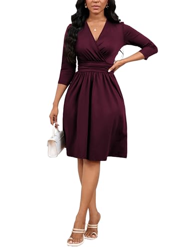 Women's Casual 3/4 Sleeve V-Neck A-Line Dress Cocktail Church Flare Swing Semi Formal Midi Fall Dresses with Pockets