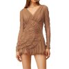 Solid Sheer Spliced Crimping Sexy Dresses for Women V Neck Long Sleeves Clothing