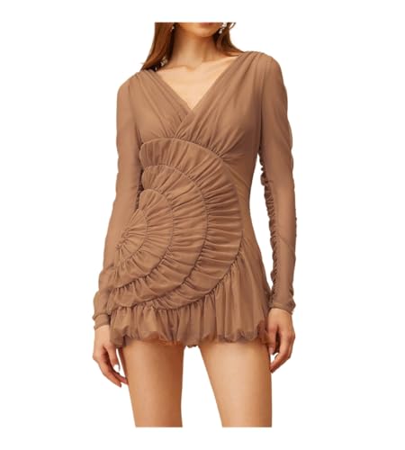 Solid Sheer Spliced Crimping Sexy Dresses for Women V Neck Long Sleeves Clothing