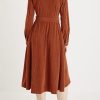 Womens Fall Winter Corduroy Midi Dress Long Sleeve V Neck Button Down Belted Flowy Shirt Dress with Pockets